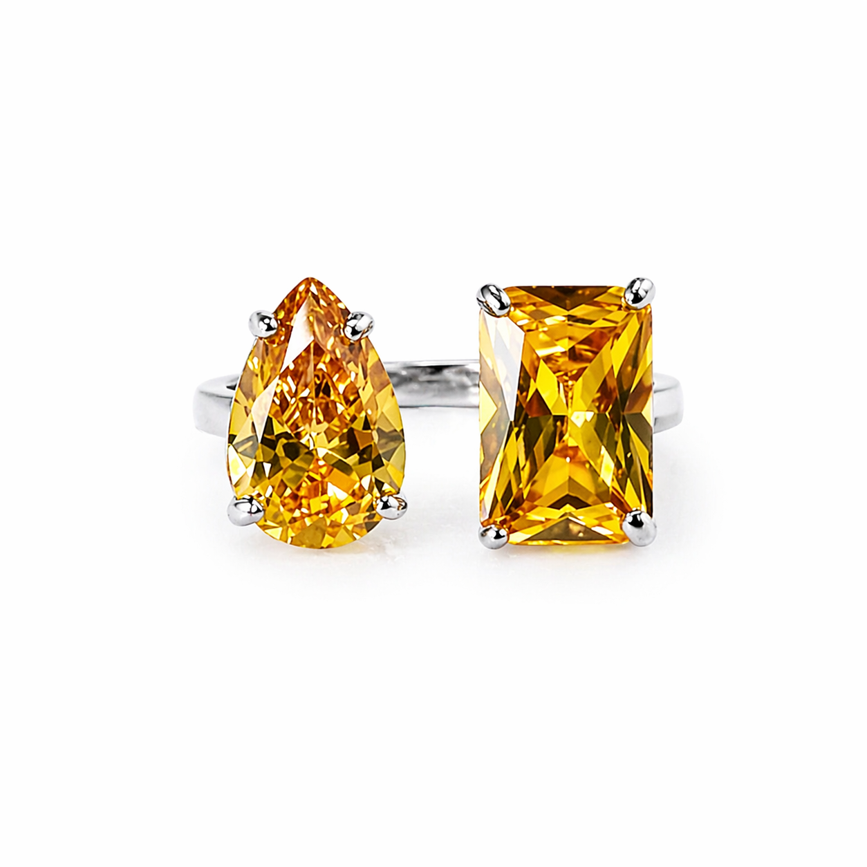 Yellow Topaz Cubic Zirconia Ice Cut American Diamond Silver Plated Adjustable Ring