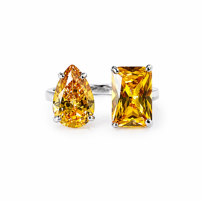 Yellow Topaz Cubic Zirconia Ice Cut American Diamond Silver Plated Adjustable Ring