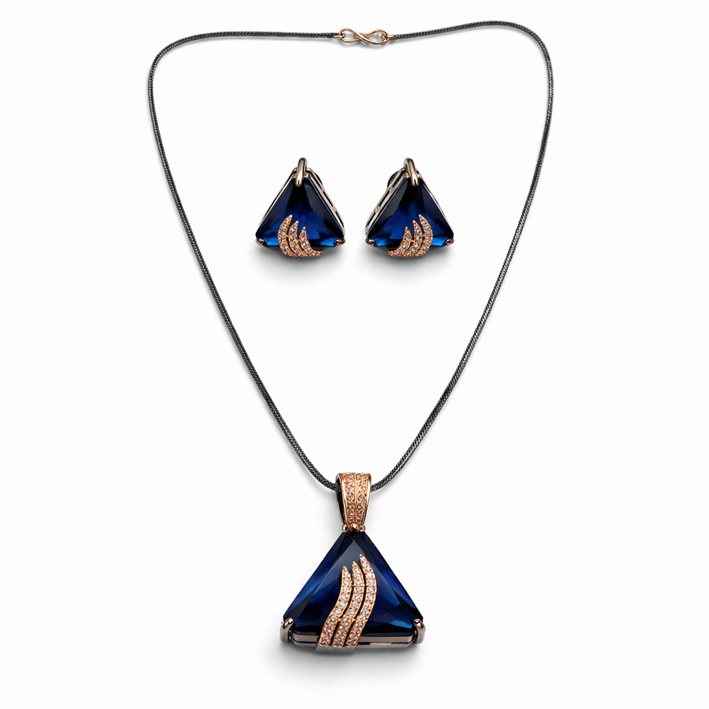 Blue Sapphire Cubic Zirconia American Diamond Victorian Plated Pendant Set
