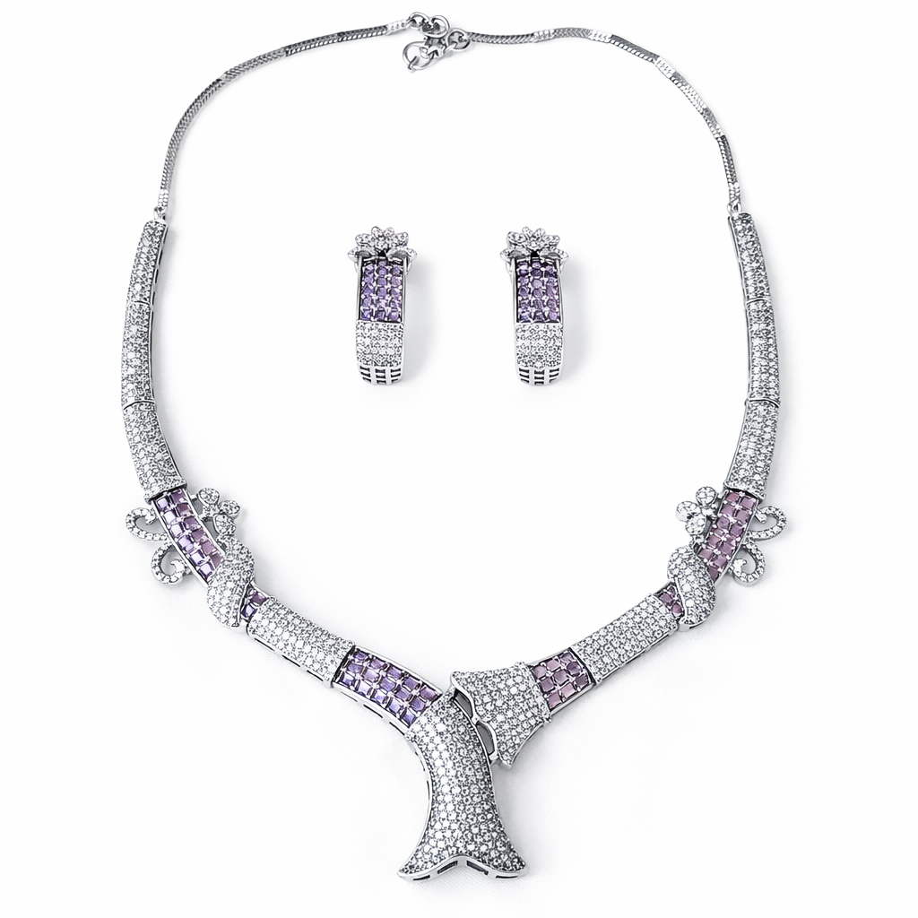 Light Purple Amethyst Cubic Zirconia American Diamond Silver Plated Necklace Set
