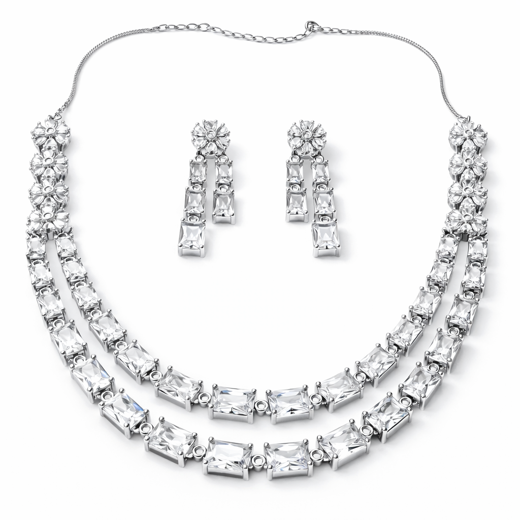 Solitaire Cubic Zirconia American Diamond Silver Plated Necklace Set