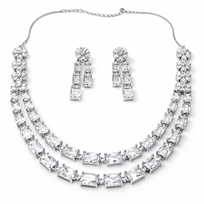 Solitaire Cubic Zirconia American Diamond Silver Plated Necklace Set