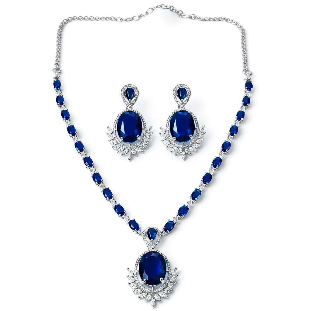 Blue Cubic Zirconia American Diamond Silver Plated Necklace Set