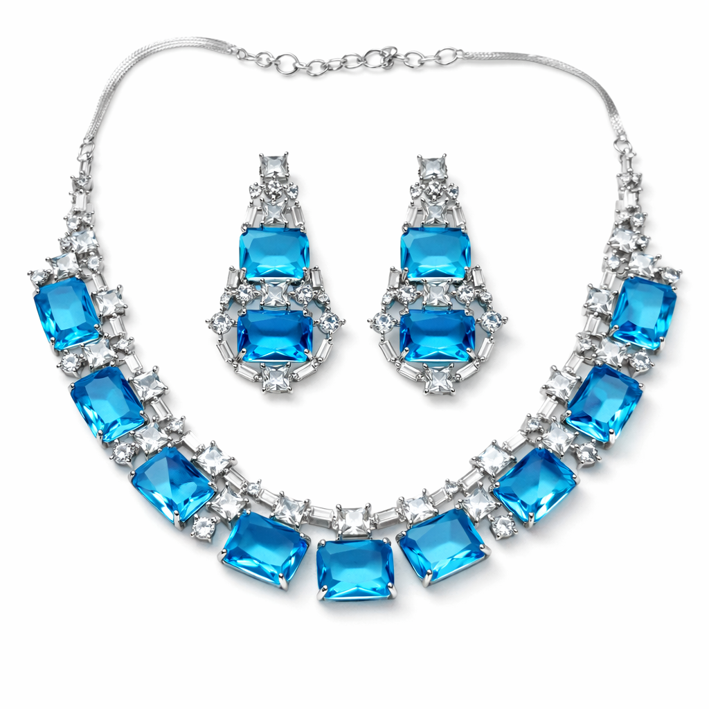 Aqua Blue Sapphire Cubic Zirconia American Diamond Silver Plated Necklace Set