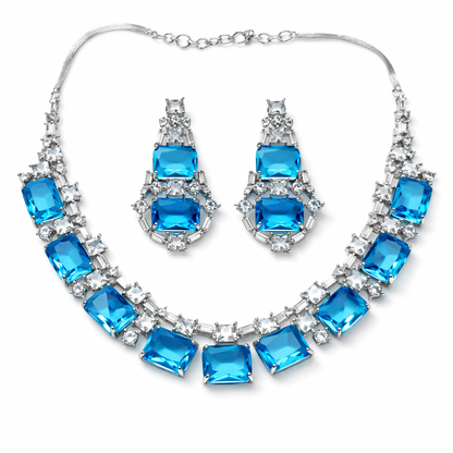 Aqua Blue Sapphire Cubic Zirconia American Diamond Silver Plated Necklace Set