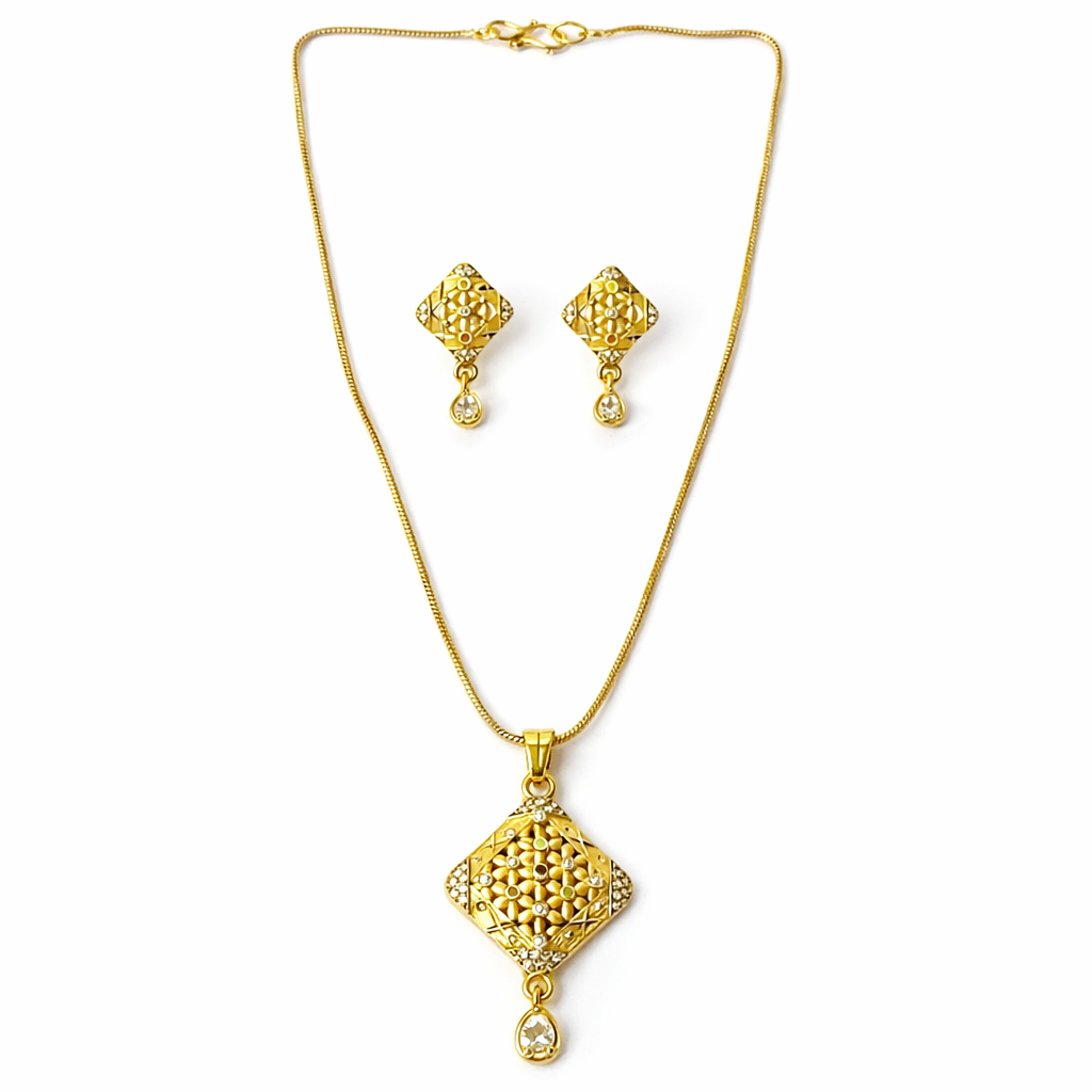 Red Ruby & Solitaire Cubic Zirconia American Diamond 1 Micron Gold Plated Pendant Set