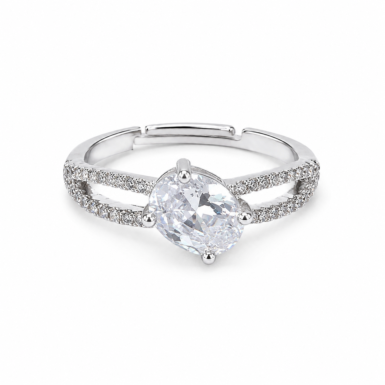 Solitaire Cubic Zirconia American Diamond Silver Plated Adjustable Ring