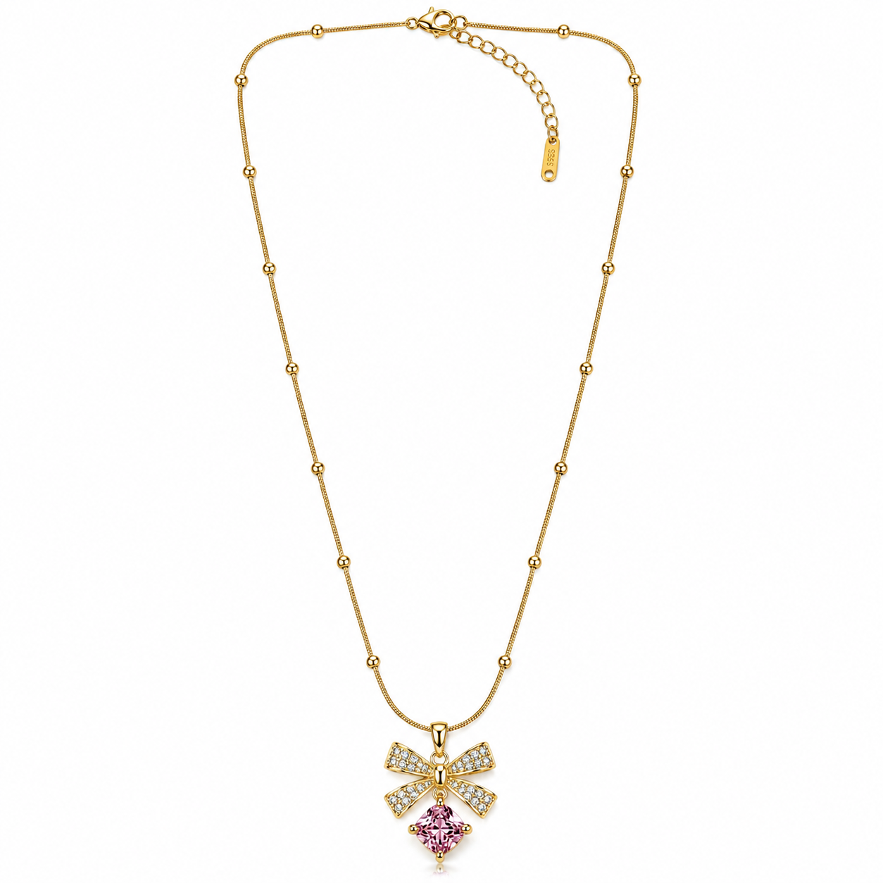 Pink Topaz Cubic Zirconia Bow Design American Diamond Gold Plated Stainless Steel Necklace