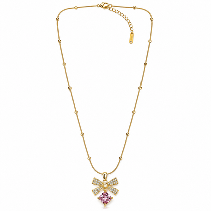 Pink Topaz Cubic Zirconia Bow Design American Diamond Gold Plated Stainless Steel Necklace