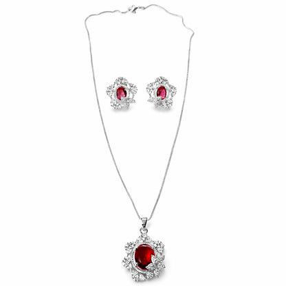 Red Ruby Cubic Zirconia American Diamond Silver Plated Pendant Set