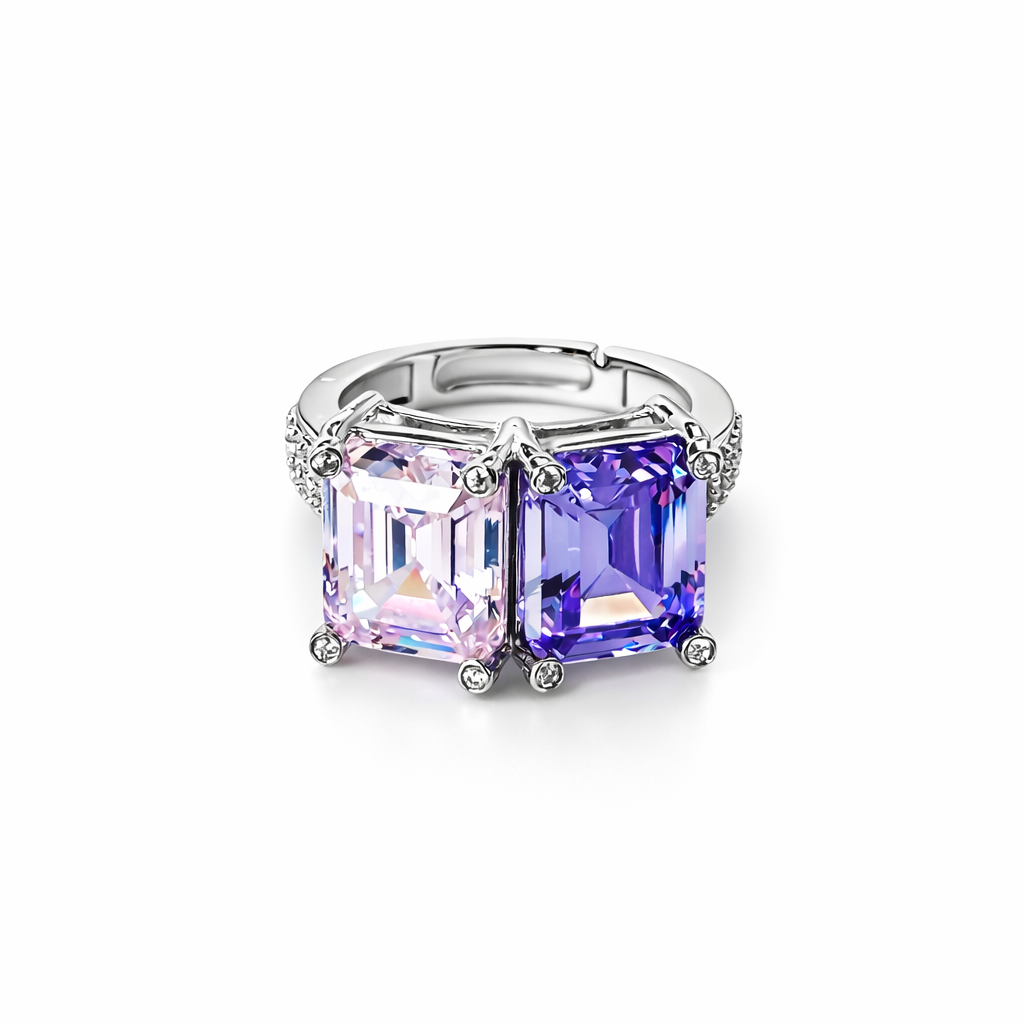 Pink Topaz & Light Purple Amethyst Cubic Zirconia Ice Cut American Diamond Silver Plated Adjustable Ring