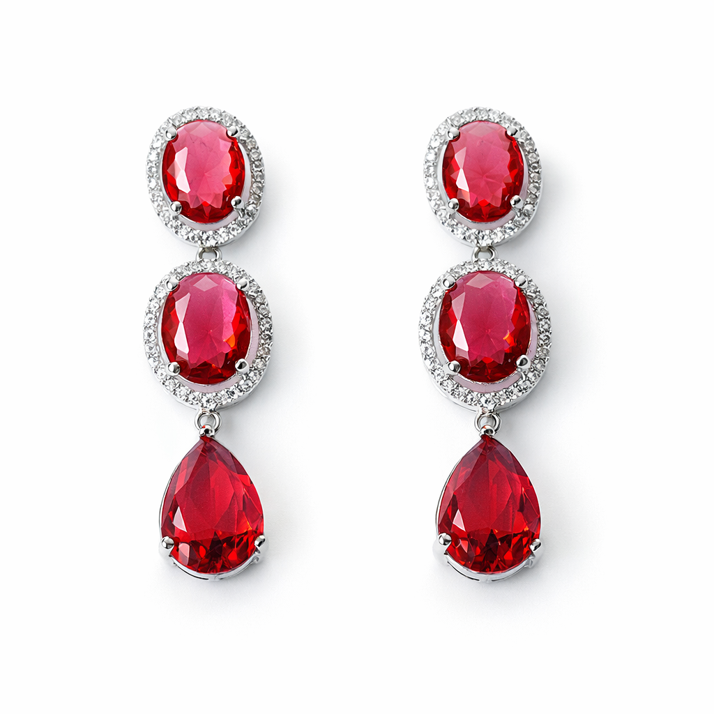 Red Ruby Cubic Zirconia American Diamond Silver Plated Earrings