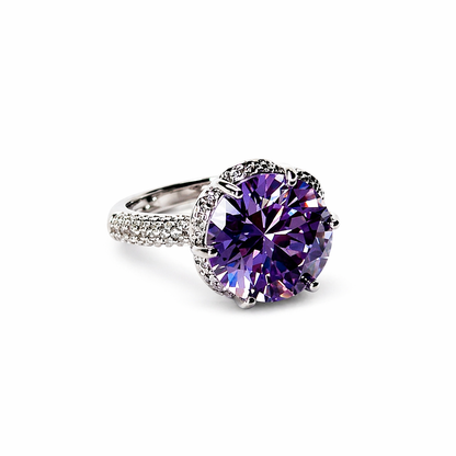 Purple Amethyst Cubic Zirconia Ice Cut American Diamond Silver Plated Adjustable Ring