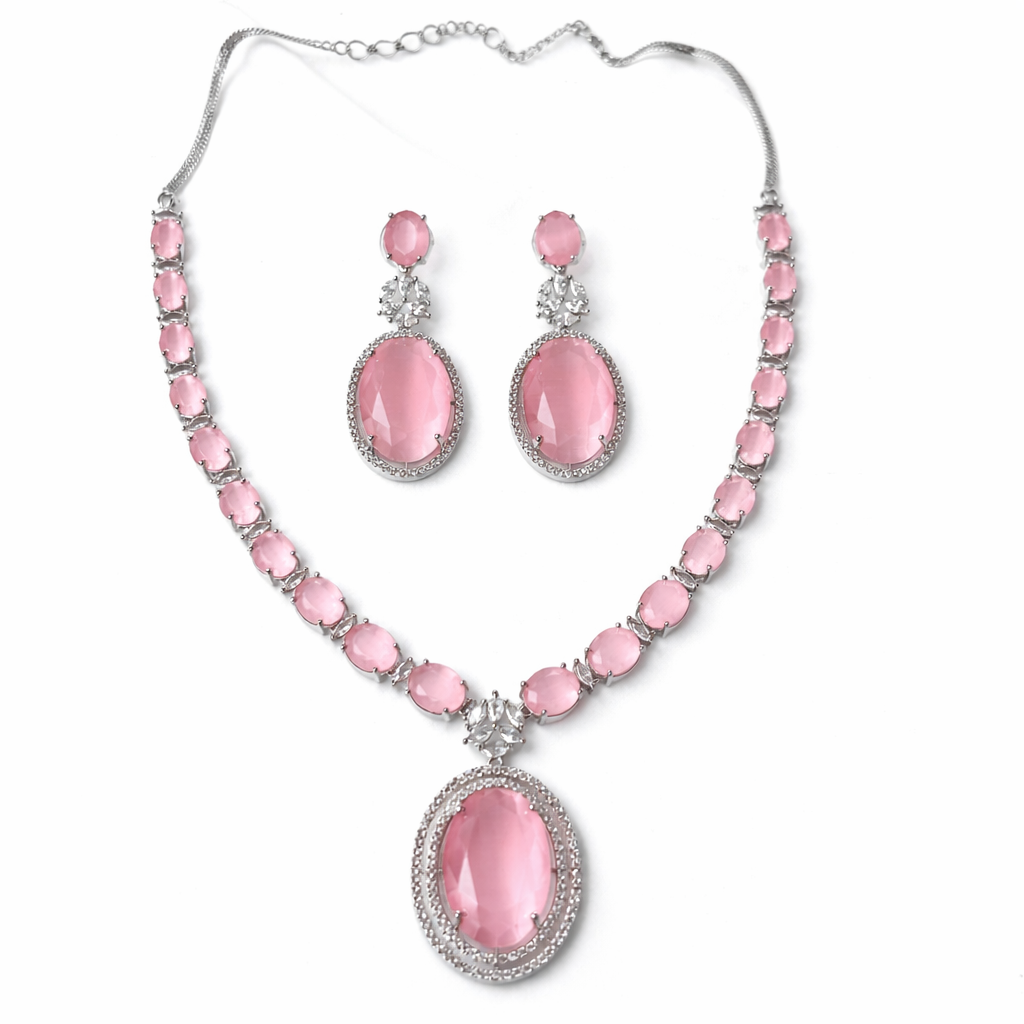 Pink Topaz Cubic Zirconia American Diamond Silver Plated Necklace Set