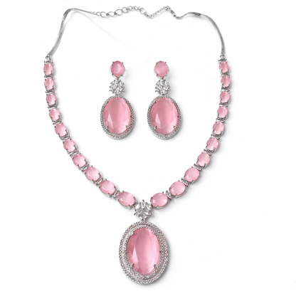 Pink Topaz Cubic Zirconia American Diamond Silver Plated Necklace Set