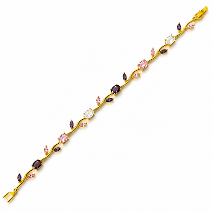 Pink Topaz & Purple Amethyst Cubic Zirconia Tulip Design American Diamond Gold Plated Stainless Steel Bracelet