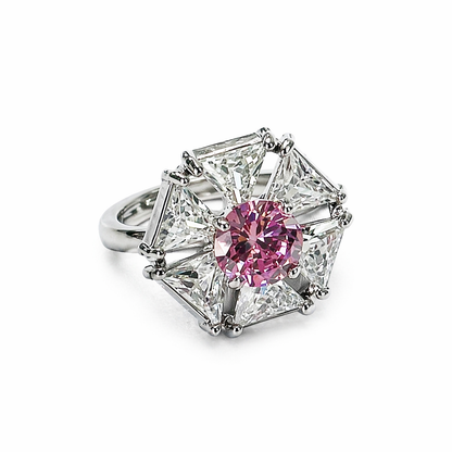 Pink Cubic Zirconia Topaz Ice Cut American Diamond Silver Plated Adjustable Ring