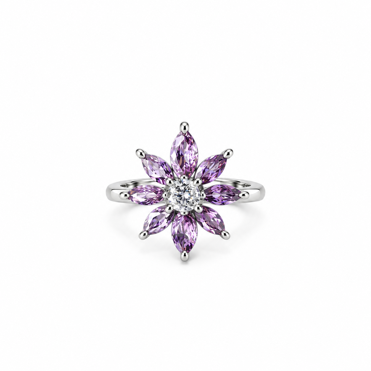 Purple Amethyst Cubic Zirconia Ice Cut American Diamond Silver Plated Adjustable Ring