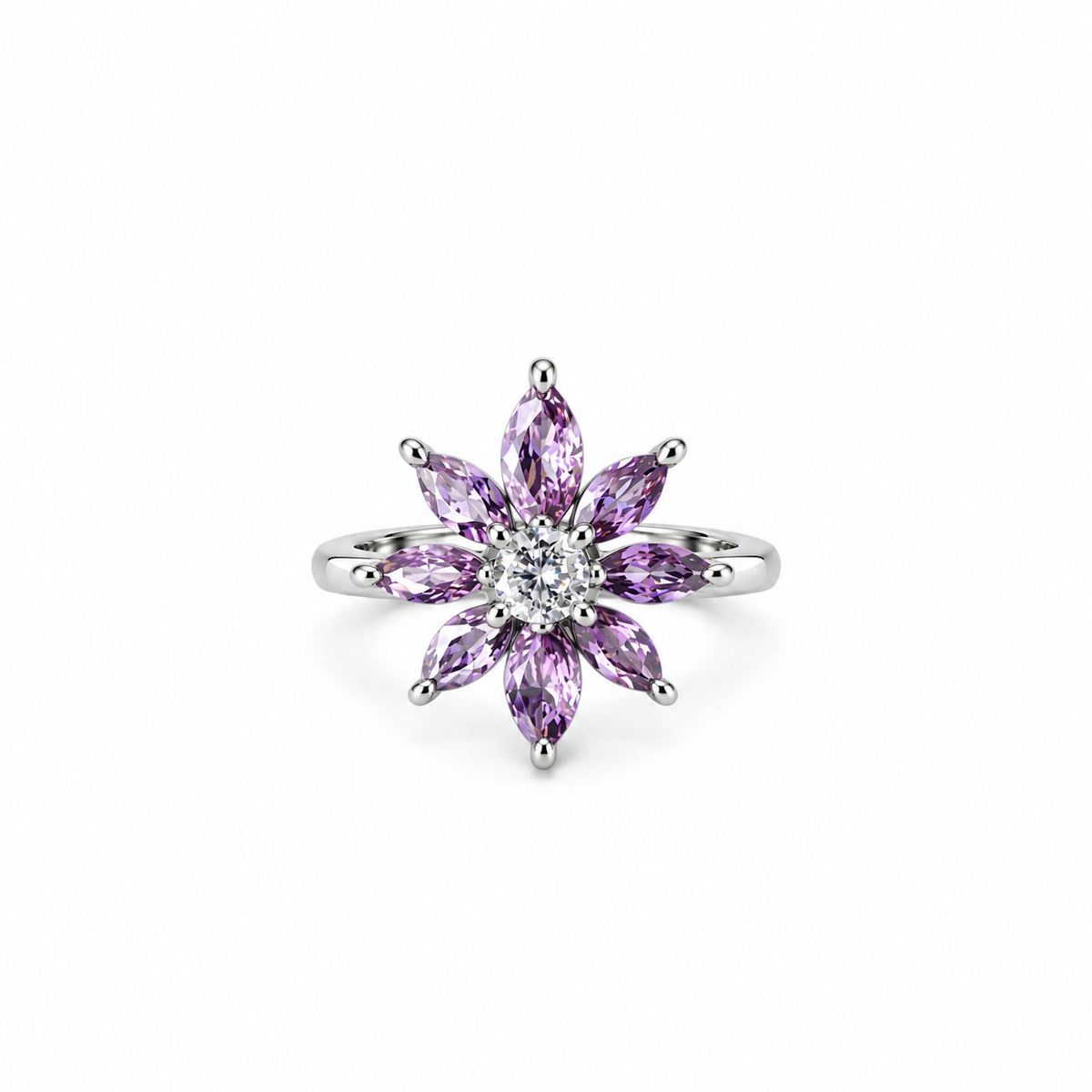 Purple Amethyst Cubic Zirconia Ice Cut American Diamond Silver Plated Adjustable Ring
