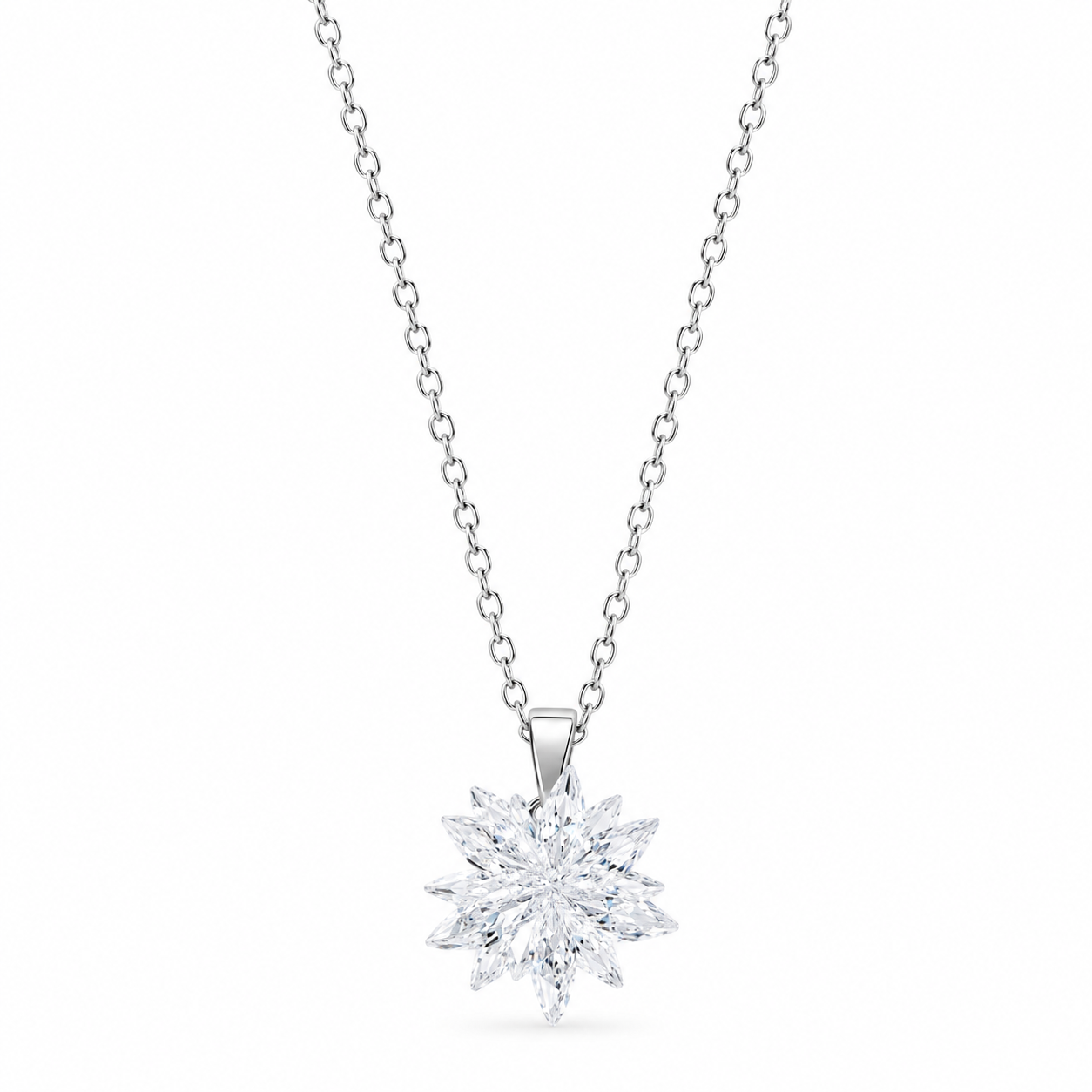 White Crystal Flower Design Silver Plated Stainless Steel Necklace