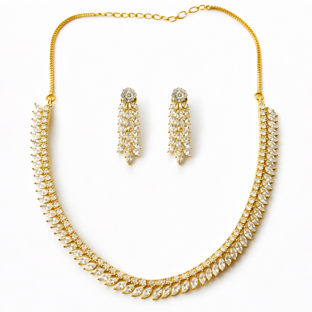 Solitaire Cubic Zirconia American Diamond Gold Plated Necklace Set