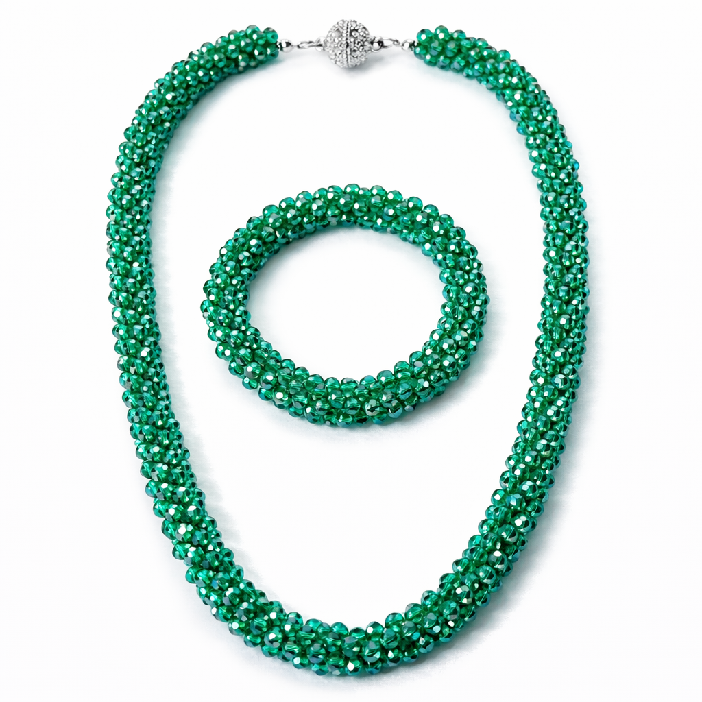 Green Beads With Magnetic Lock American Diamond Western Bracelet & Necklace Combo