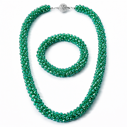 Green Beads With Magnetic Lock American Diamond Western Bracelet & Necklace Combo
