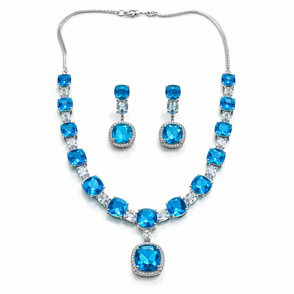 Aqua Blue Sapphire Cubic Zirconia  American Diamond Silver Plated Necklace Set