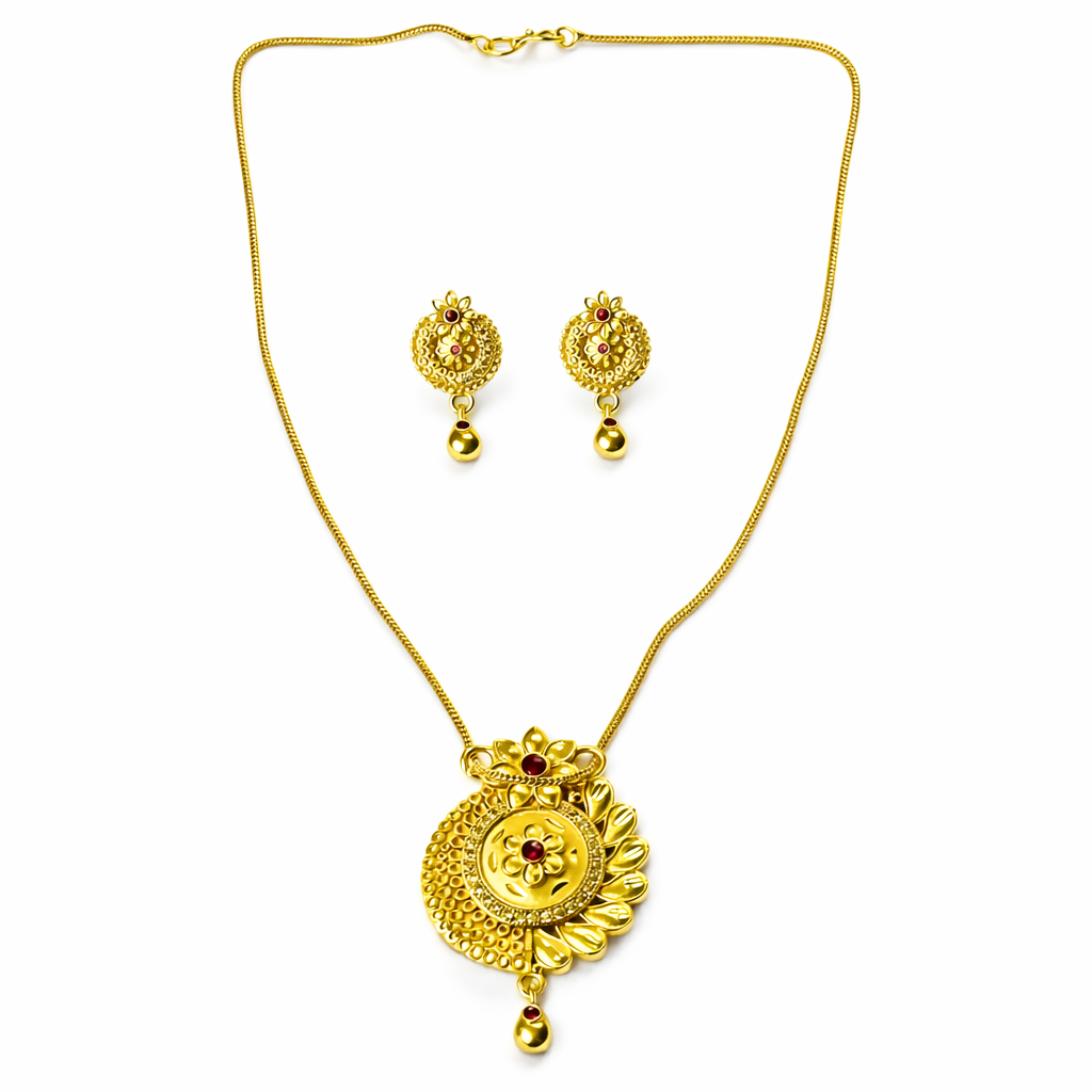 Red Ruby & Solitaire Cubic Zirconia American Diamond 1 Micron Gold Plated Pendant Set