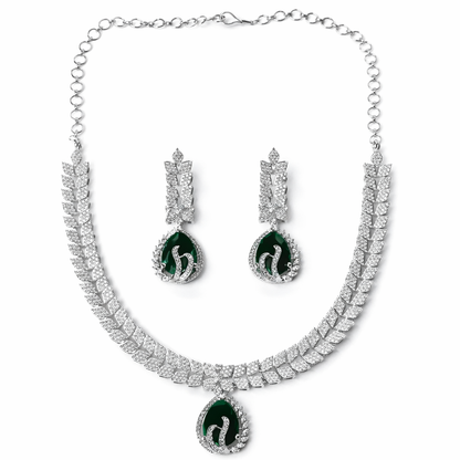 Green Emerald Cubic Zirconia American Diamond Silver Plated Necklace Set