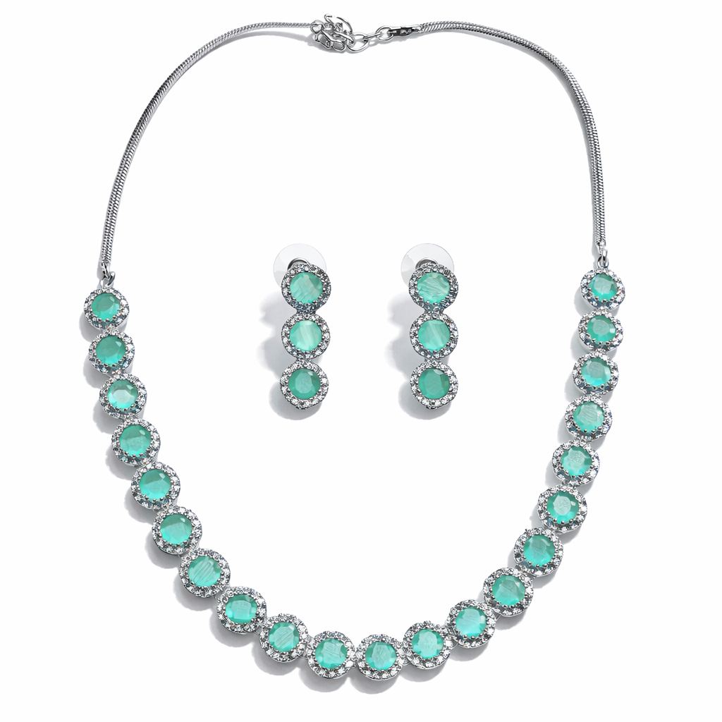 Mint Green Topaz Cubic Zirconia American Diamond Silver Plated Necklace Set
