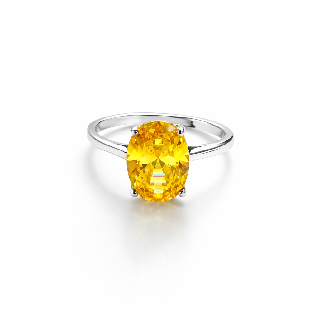 Yellow Topaz Cubic Zirconia Ice Cut American Diamond Silver Plated Adjustable Ring