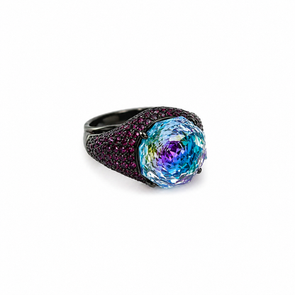 Aqua Blue Vitrail Sapphire Cubic Zirconia Pink Ice Cut American Diamond Victorian Plated Adjustable Ring