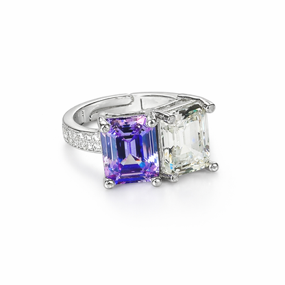 Light Purple Amethyst & Solitaire Cubic Zirconia Ice Cut American Diamond Silver Plated Adjustable RIng
