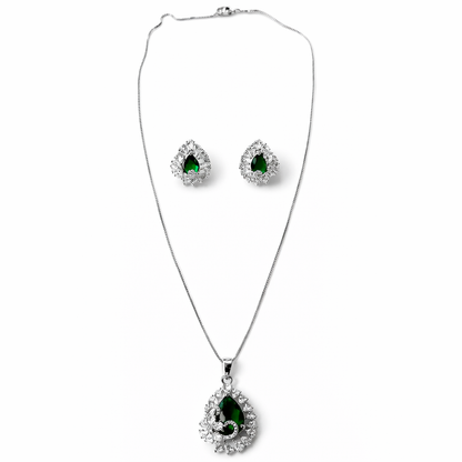 Green Emerald Cubic Zirconia American Diamond Silver Plated Pendant Set