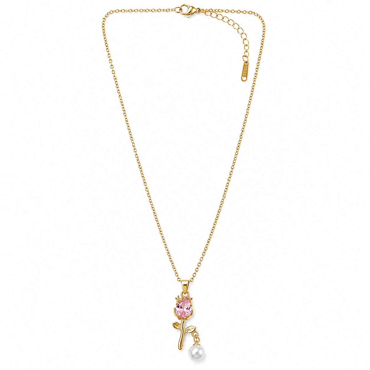Pink Topaz Cubic Zirconia & Pearl Flower Design American Diamond Gold Plated Stainless Steel Necklace