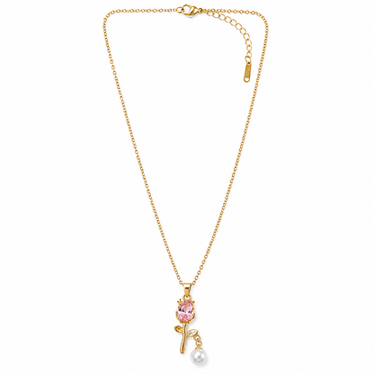 Pink Topaz Cubic Zirconia & Pearl Flower Design American Diamond Gold Plated Stainless Steel Necklace