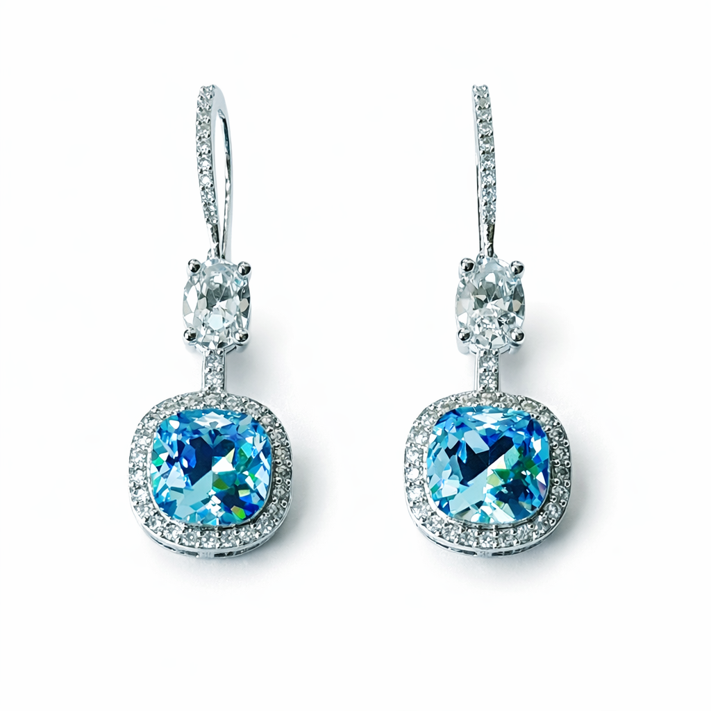 Indian Light Blue Sapphire Swarovski Crystal American Diamond Silver Plated Earrings