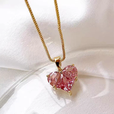 Pink Topaz Crystal Cubic Zircon Heart Design Gold Plated Stainless Steel Necklace