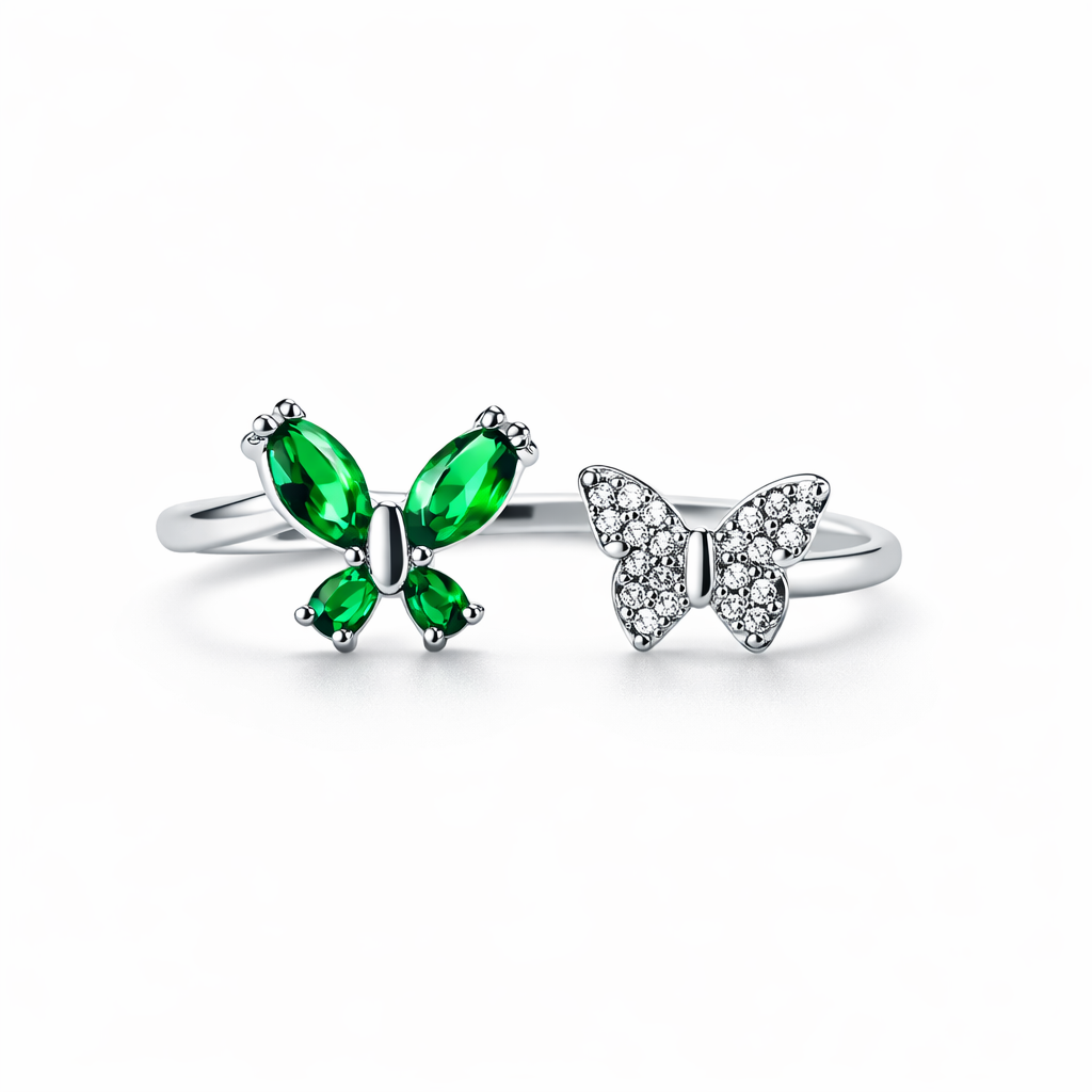 Green Emerald Cubic Zirconia American Diamond Silver Plated Adjustable Ring