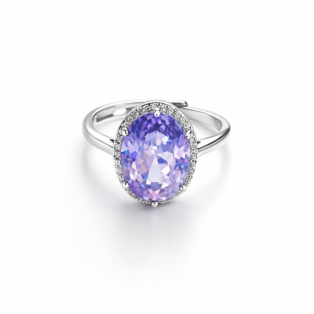 Light Purple Amethyst Cubic Zirconia Ice Cut American Diamond Silver Plated Adjustable Ring