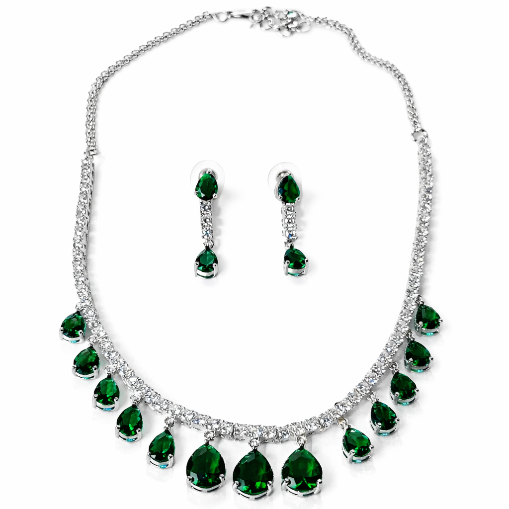 Green Emerald Cubic Zirconia American Diamond Silver Plated Necklace Set
