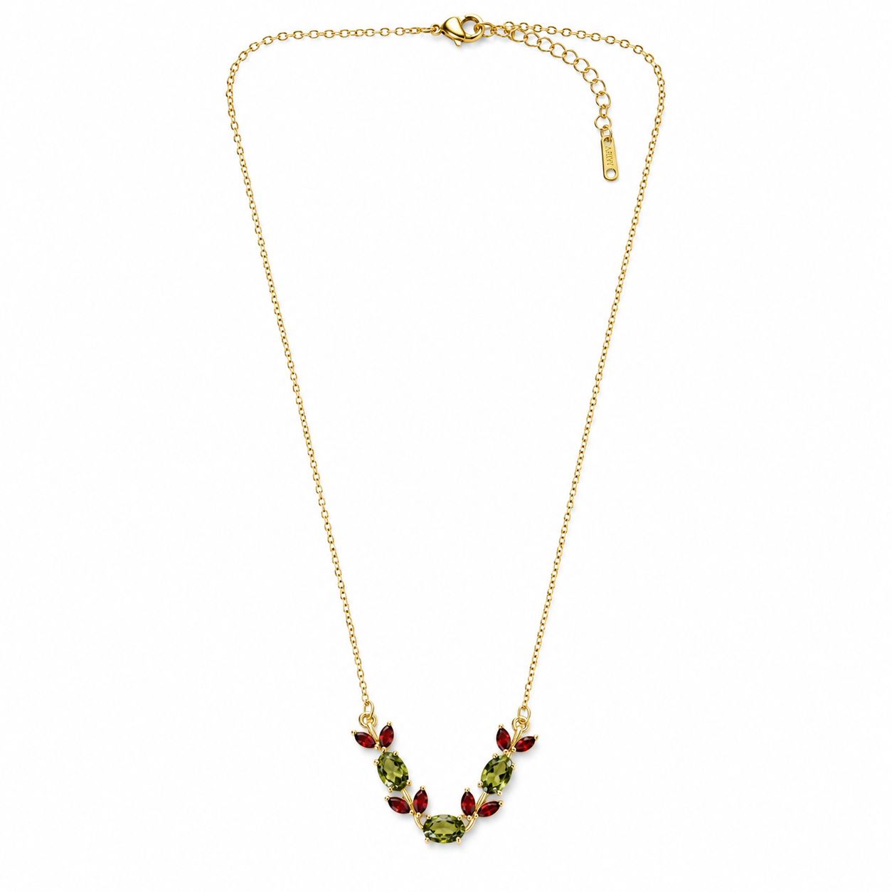 Olive Green & Red Ruby Cubic Zirconia Tulip Design American Diamond Gold Plated Stainless Steel Necklace