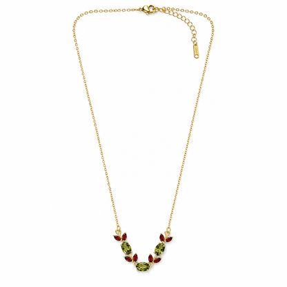 Olive Green & Red Ruby Cubic Zirconia Tulip Design American Diamond Gold Plated Stainless Steel Necklace