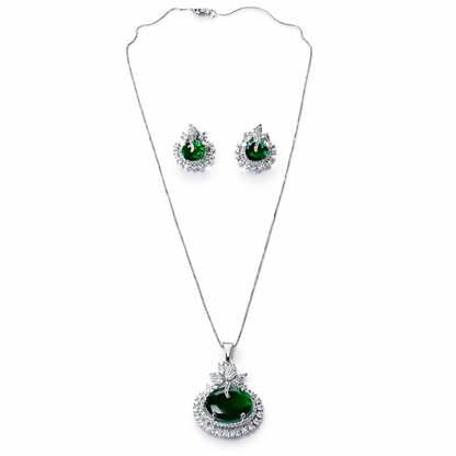 Green Emerald Cubic Zirconia American Diamond Silver Plated Pendant Set