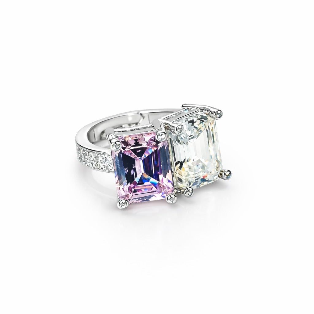 Pink Topaz & Solitaire Cubic Zirconia Ice Cut American Diamond Silver Plated Adjustable Ring