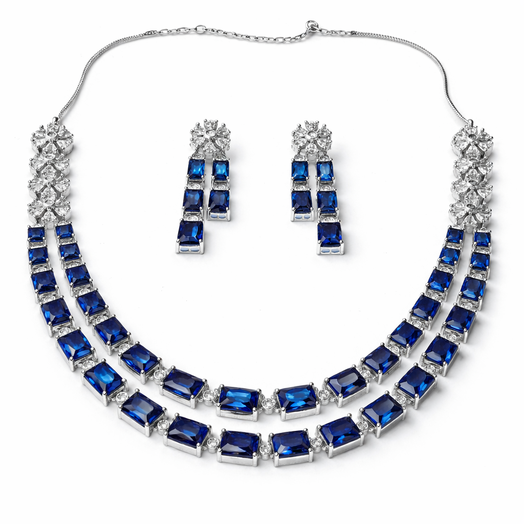 Blue Sapphire Cubic Zirconia American Diamond Silver Plated Necklace Set