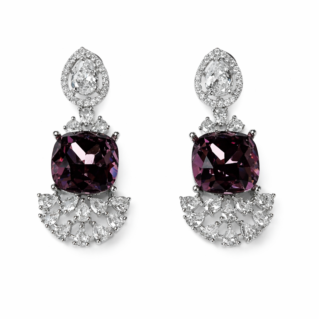 Purple Amethyst Swarovski Crystal American Diamond Silver Plated Earrings