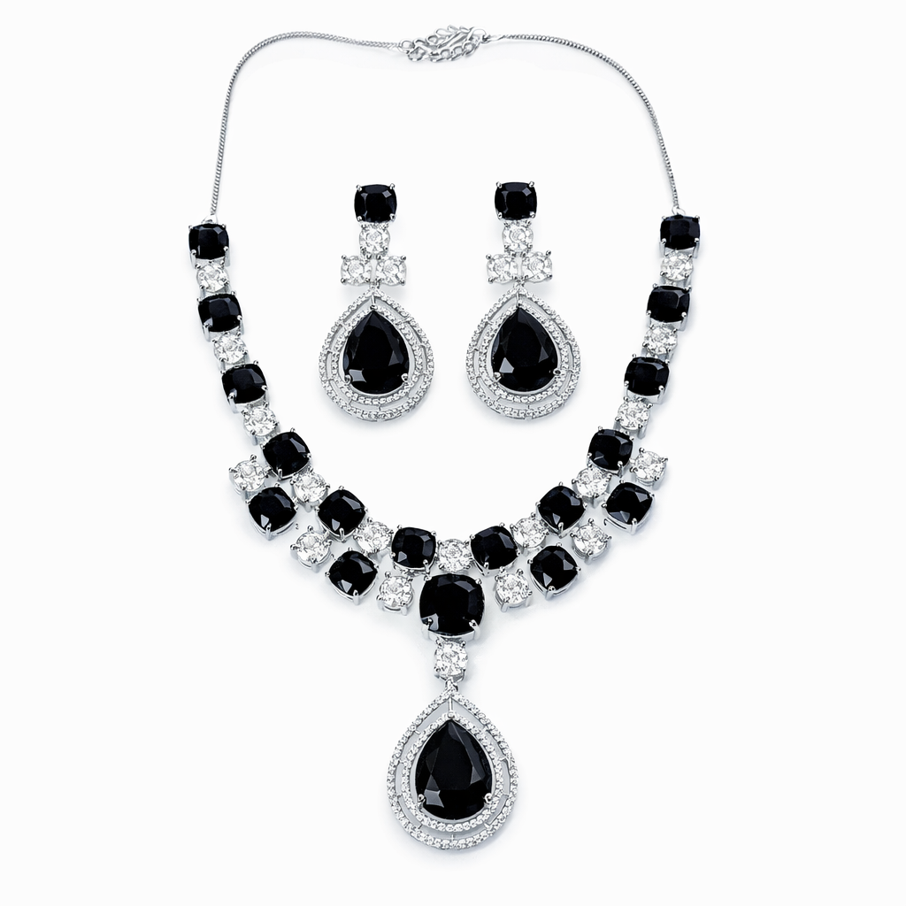 Black Cubic Zirconia American Diamond Silver Plated Necklace Set
