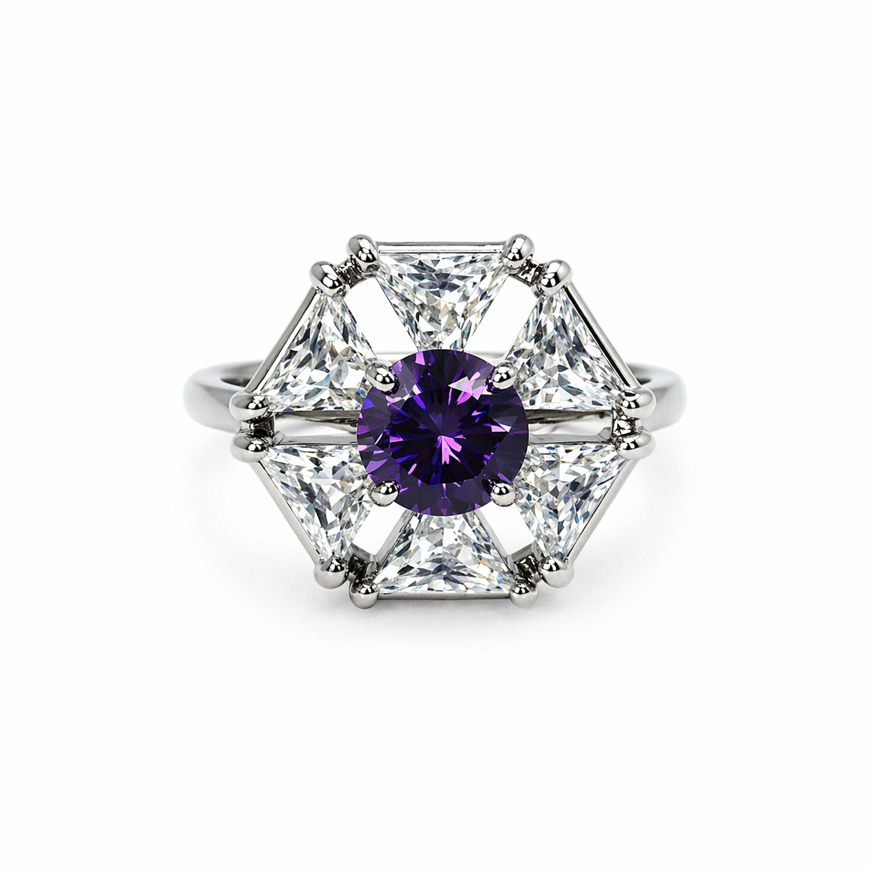 Purple Amethyst Cubic Zirconia Ice Cut American Diamond Silver Plated Adjustable Ring
